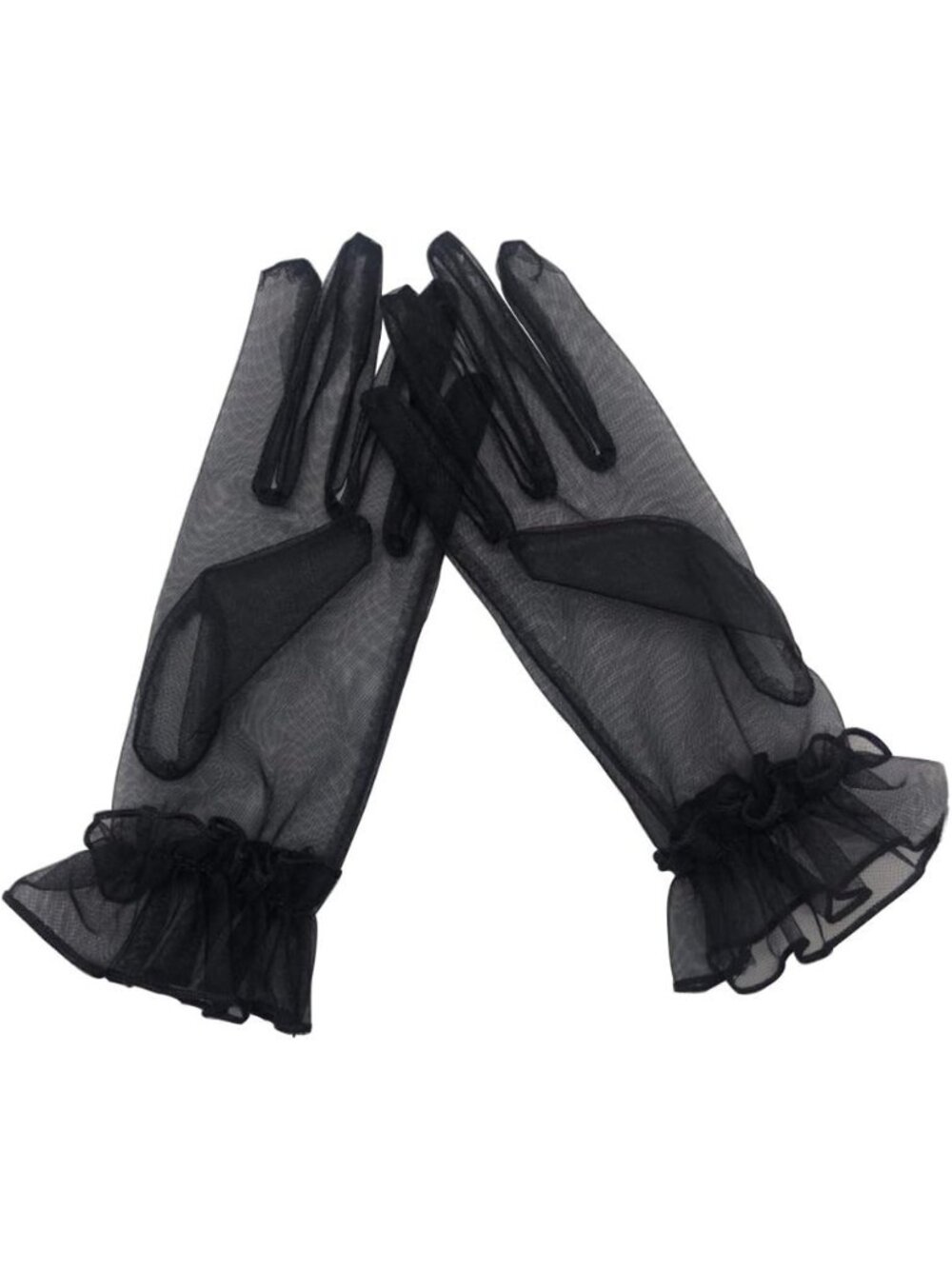 Women's Black Ruffled Short Sheer Wrist Length Halloween Tulle Mesh Gloves